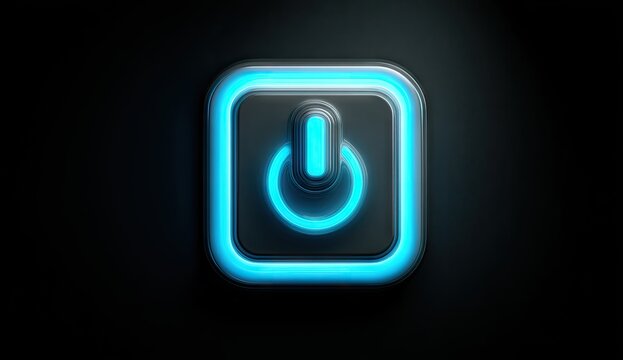 Glowing Blue Neon Power Button on a Dark Background.