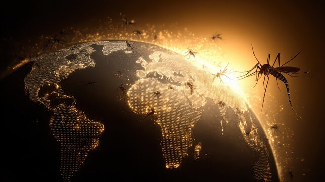Stock photo of globe with mosquito silhouettes, symbolizing chikungunya virus spread from tropics to Europe. Conceptual scientific visual linking climate change and global health