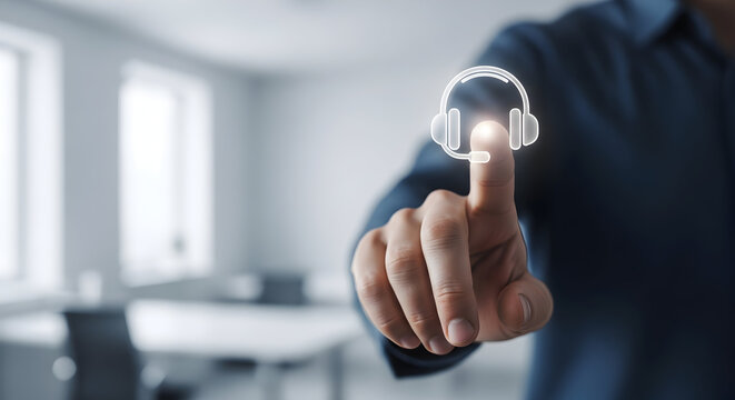 Businessman Activating Customer Support Headset Icon on a Digital Interface