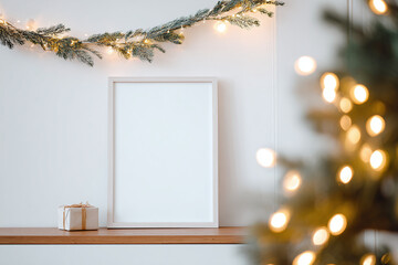 Mockup of Blank photo frame on wooden shelf decorated with Christmas garland 