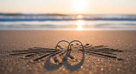 Cincin kawin di pasir pantai saat matahari terbenam