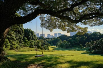 Obraz premium Tranquil park swing under a large tree