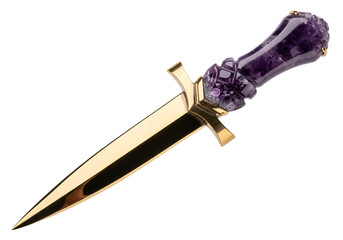 A golden dagger, meticulously crafted with a rich amethyst handle, presents an exquisite display of artistry and craftsmanship.