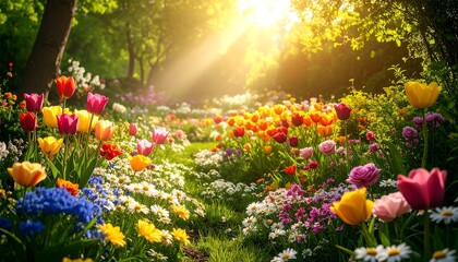 Vibrant Spring Garden Path Bathed in Golden Sun Rays with Blooming Flowers