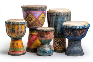 Five vibrant hand-painted drums arranged in a row
