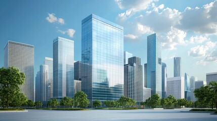 A modern city skyline with glass skyscrapers and a clear blue sky with scattered clouds.