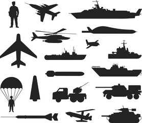 Collection of Military Vehicle and Weapon Silhouettes, Aircraft, Tanks, Warships, Helicopters, Missiles, Paratroopers, Black Icons on White Background