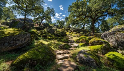Stone path through mossy rocks and trees