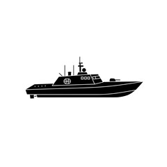 Obraz premium Sleek Black Silhouette of a Military Patrol Boat
