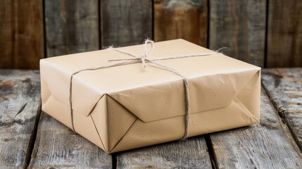 A brown paper bag with a string tied around it, placed on a wooden table with a rustic background.