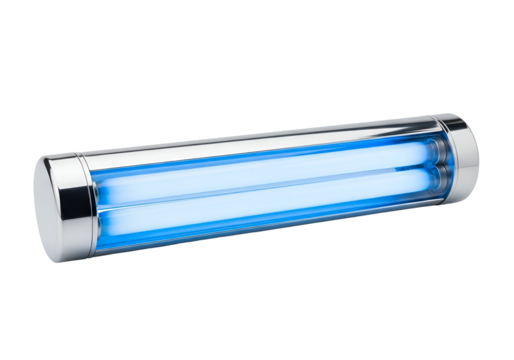 A chrome-finished, cylindrical ultraviolet light fixture is highlighted against a pure black background.