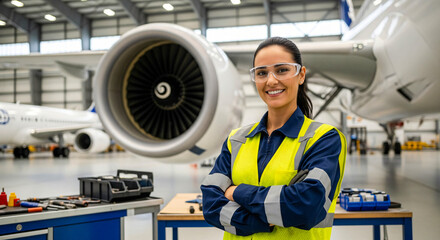 Confident Female Aircraft Mechanic: Inspection and Maintenance