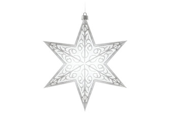 Fototapeta premium A large, ornate, silver-gray star-shaped ornament hangs against a pure black backdrop.