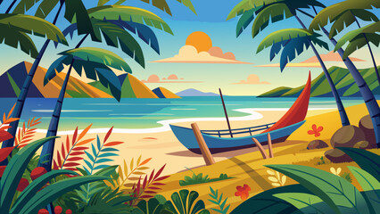 Obraz premium A tropical island beach scene with a boat, palm trees, and clear blue waters