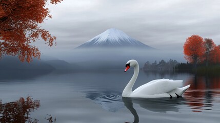 Swan Swimming in Lake With Mount Fuji and Autumn Forest in Background, Suitable for Natural Landscape, Animal Photography, Japanese Scenery and Other Scenarios