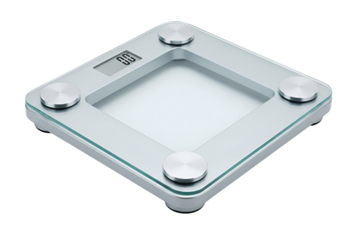 A modern, light gray digital scale, featuring a transparent glass surface and sleek metal accents, sits angled in a  shot against a black background.