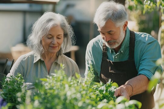 Senior couple tending to their vibrant herb garden, enjoying a sunny day outdoors.
