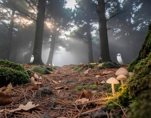 Obraz premium Spooky Forest with Glowing Mushrooms and Cute Ghosts on Halloween Night