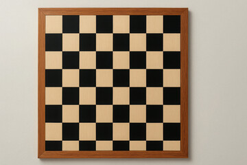 Top-down view of a wooden framed chessboard with alternating light and dark squares, perfect for strategy games