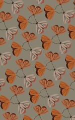 Pattern “Dance of moths” with orange and beige moths on a gray-green background. Elegant and stylish design for fabrics, wallpapers, packaging, stationery, and decorative projects.