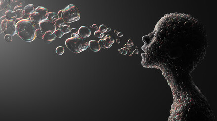 A mesmerizing sculpture of a human figure made entirely of bubbles exhales a stream of iridescent bubbles against a dark background, creating an enchanting visual effect.