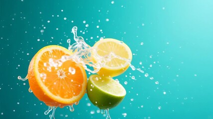 High-speed commercial still: floating halves of orange, lemon, lime with crisp water splash crown - Powered by Adobe