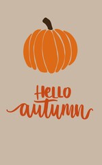 Light background with a large bright pumpkin on top and the phrase “Hello autumn” below. Cozy seasonal illustration for posters, greeting cards, decor, and autumn design projects. © Aneta