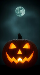 Fototapeta premium Lit jack-o'-lantern against a dark, moonlit sky, creating a spooky Halloween atmosphere, perfect for autumnal or festive designs