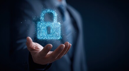 Businessman holding a glowing digital padlock for cybersecurity and data protection.