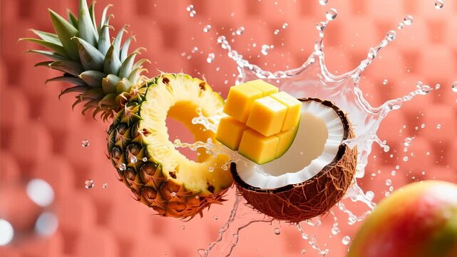 Gravity-defying pair: pineapple ring and mango cube colliding with coconut water splash