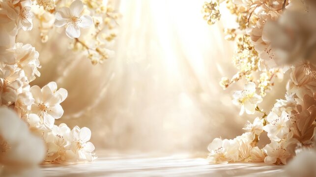 A serene, tranquil garden scene with blooming white flowers and a gentle breeze