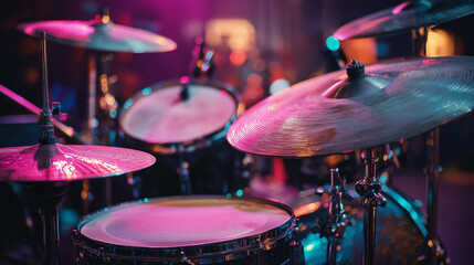 Fototapeta premium close-up of a drum kit with colorful lights in the background. drums and cymbals on stage at a concert or show. rock music concept. colorful musical equipment, shiny metal surfaces