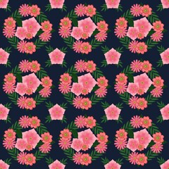 Seamless Floral Pattern with Pink Flowers on Dark Background