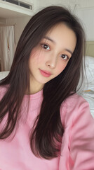 Young woman in a pink sweater taking a selfie in a bright room with a serene atmosphere