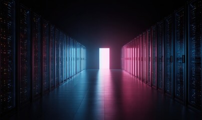 Futuristic Server Hallway Leading to Bright Doorway.