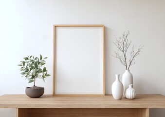 A minimalist, neutral-toned still life featuring a blank frame, potted plants and vases on a light wooden surface