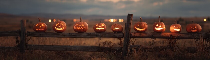 Halloween Banner with a Horizontal Row of Glowing Jack-o'-Lanterns, each with a Unique Personality on a Rustic Wooden Fence with an Open Field.