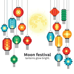 Mid-Autumn Moon Festival lanterns glowing bright in the night sky with a full moon.