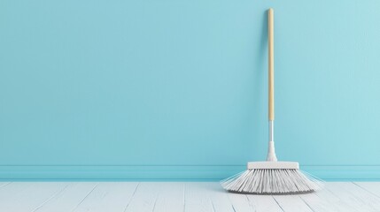 A white and blue wall with a broom leaning against it.