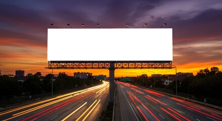 Blank billboard mockup for advertisement on a busy highway with traffic light trails during a vibrant sunset