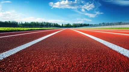 A red and white striped track with a blue sky and green trees in the background.
