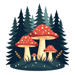 Whimsical Mushroom Forest Illustration with Red Capped Toadstools and Evergreen Trees in a Cartoon Style