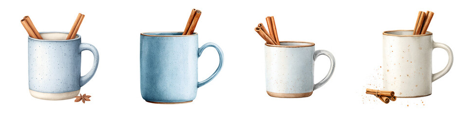 Watercolor Mug Collection with Cinnamon Sticks - Cozy Winter Drinks