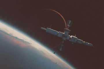 Obraz premium High-tech orbiting space station hovering over a vibrant planet with surrounding cosmic phenomena in deep space