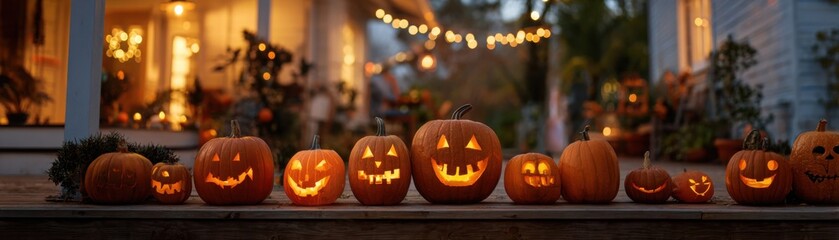 Festive Halloween Banner: A Collection of Hand-Carved Jack-o'-Lanterns on a Wide Wooden Porch, with Glowing Light and a Blurred Family Celebration in the Background.