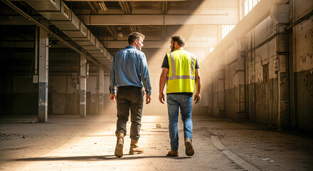 Warehouse Walkthrough: Two Men Inspecting a Large Industrial Space