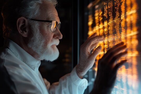 An elderly scientist examines glowing code on a large screen, engrossed in complex data analysis.
