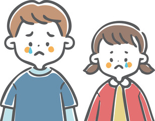 泣いている男の子と女の子のイラストセット　上半身　ベクター
