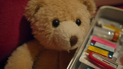 Teddy bear examining contents of first aid kit