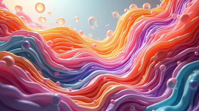iridescent colorful abstract background with bubbles fluid texture pastel tones curvy wavy good vibes, smooth transitions
